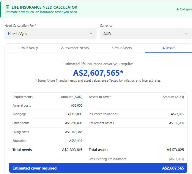 Life Insurance Need Calculator result preview showing estimated cover required